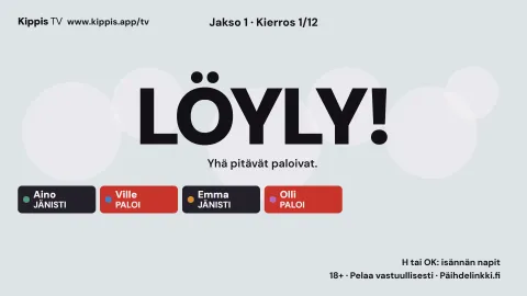 Kippis TV telkkarissa: Jänistäjä-pelin ruutu, jossa lukee isolla Löyly! ja neljän pelaajan tilanne.