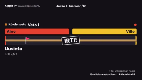 Kippis TV telkkarissa: Köydenveto, kaksi pelaajaa vetää köyttä puhelimillaan ja ruudulla lukee Irti!